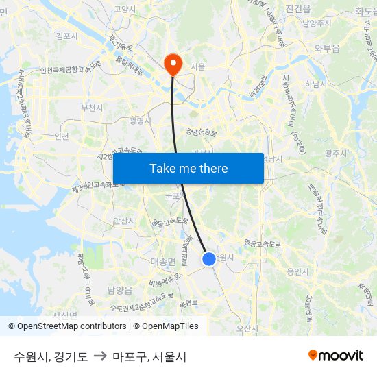 수원시, 경기도 to 마포구, 서울시 map