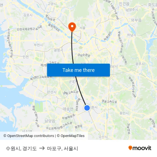 수원시, 경기도 to 마포구, 서울시 map