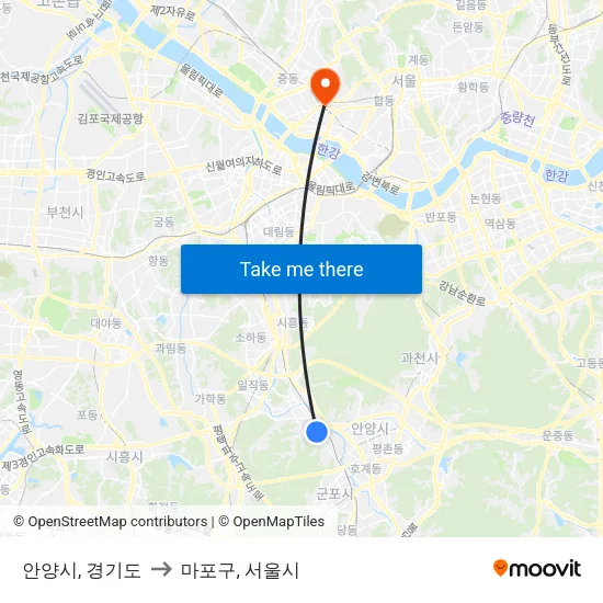안양시, 경기도 to 마포구, 서울시 map
