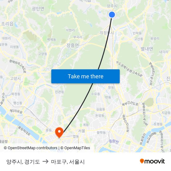 양주시, 경기도 to 마포구, 서울시 map