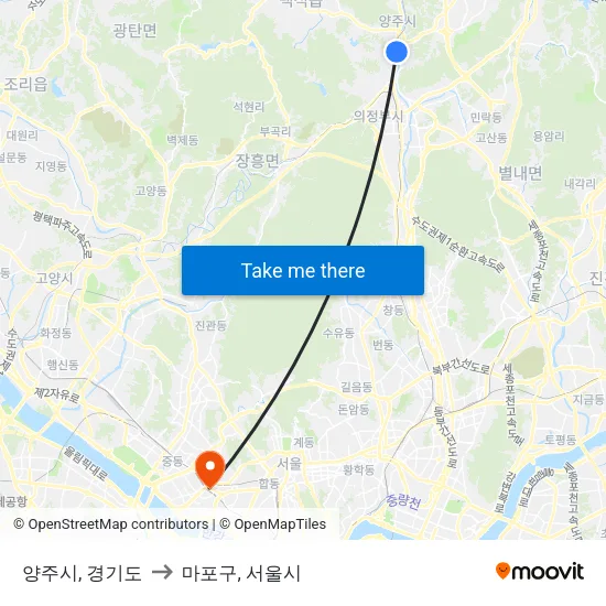 양주시, 경기도 to 마포구, 서울시 map