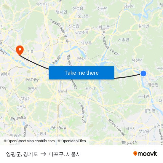 양평군, 경기도 to 마포구, 서울시 map