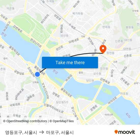 영등포구, 서울시 to 마포구, 서울시 map