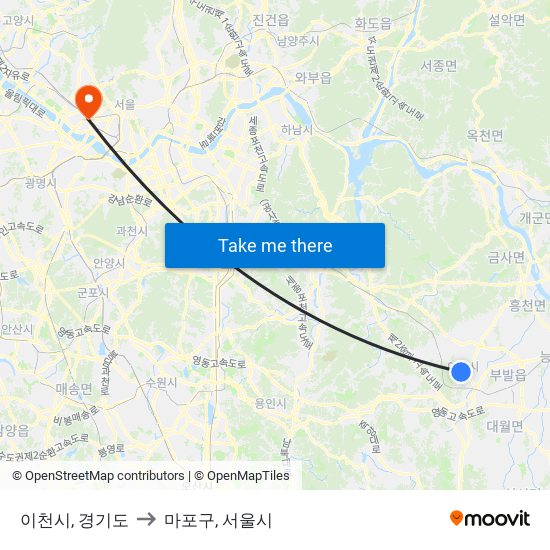 이천시, 경기도 to 마포구, 서울시 map