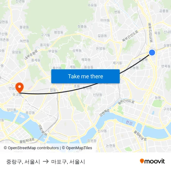 중랑구, 서울시 to 마포구, 서울시 map