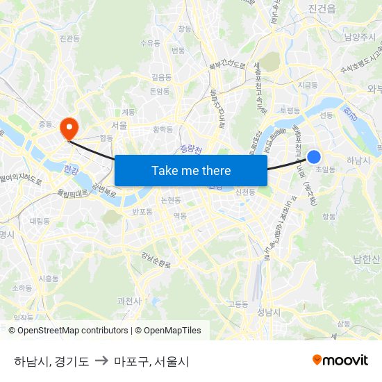하남시, 경기도 to 마포구, 서울시 map