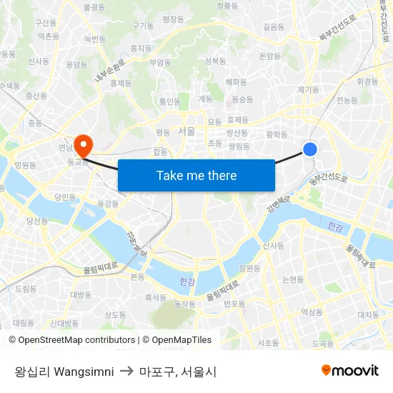 왕십리 Wangsimni to 마포구, 서울시 map