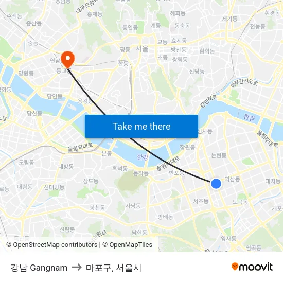 강남 Gangnam to 마포구, 서울시 map