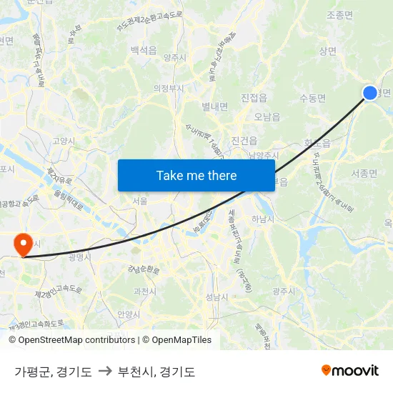 가평군, 경기도 to 부천시, 경기도 map