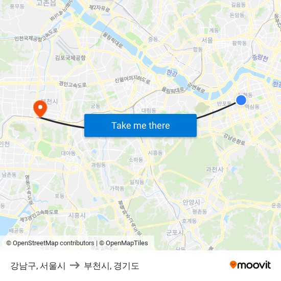 강남구, 서울시 to 부천시, 경기도 map