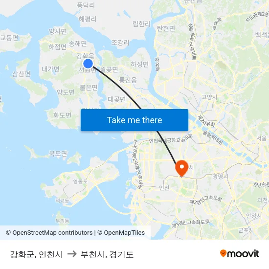 강화군, 인천시 to 부천시, 경기도 map