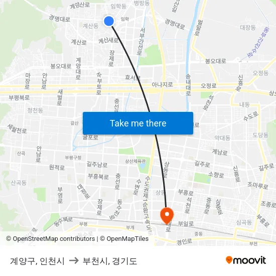 계양구, 인천시 to 부천시, 경기도 map