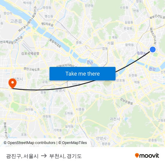 광진구, 서울시 to 부천시, 경기도 map