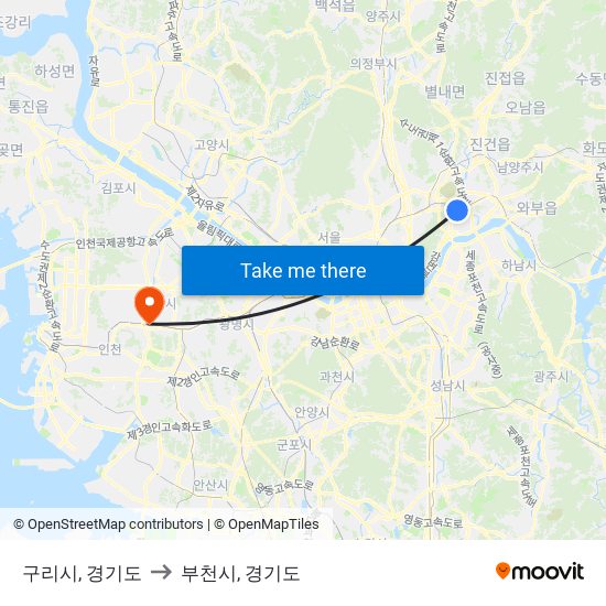 구리시, 경기도 to 부천시, 경기도 map