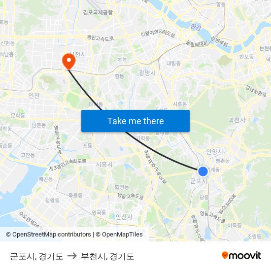 군포시, 경기도 to 부천시, 경기도 map