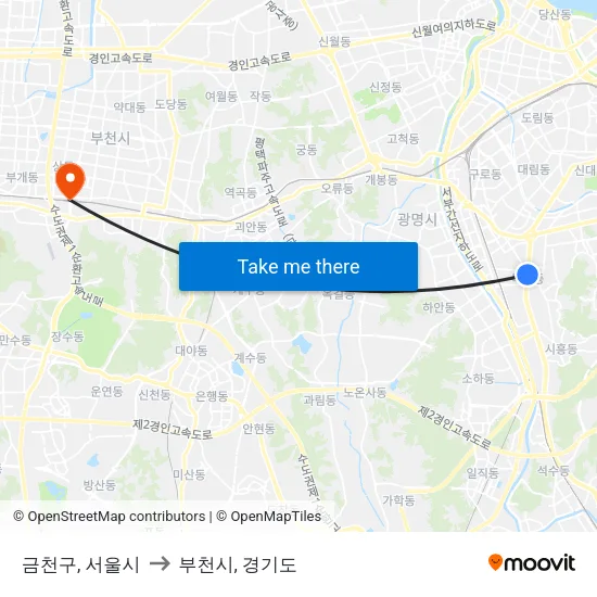 금천구, 서울시 to 부천시, 경기도 map