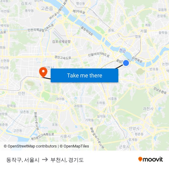 동작구, 서울시 to 부천시, 경기도 map