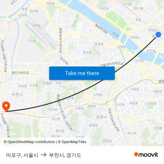 마포구, 서울시 to 부천시, 경기도 map