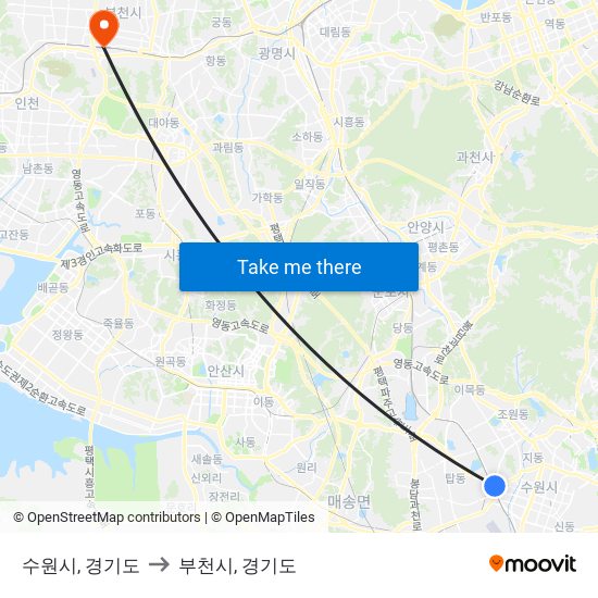 수원시, 경기도 to 부천시, 경기도 map