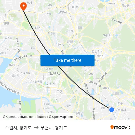 수원시, 경기도 to 부천시, 경기도 map