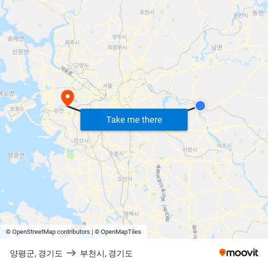 양평군, 경기도 to 부천시, 경기도 map