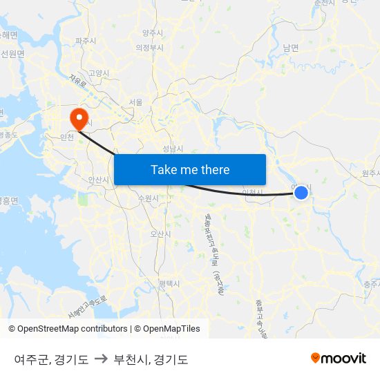 여주군, 경기도 to 부천시, 경기도 map