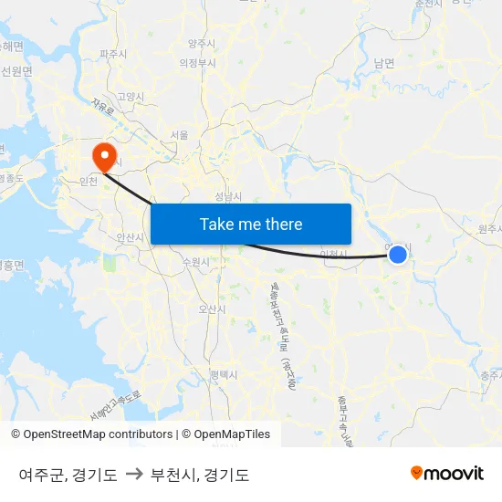 여주군, 경기도 to 부천시, 경기도 map