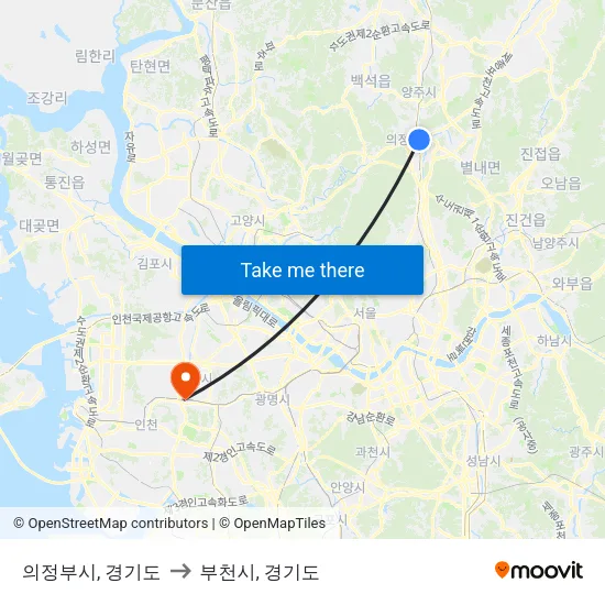 의정부시, 경기도 to 부천시, 경기도 map