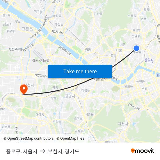 종로구, 서울시 to 부천시, 경기도 map