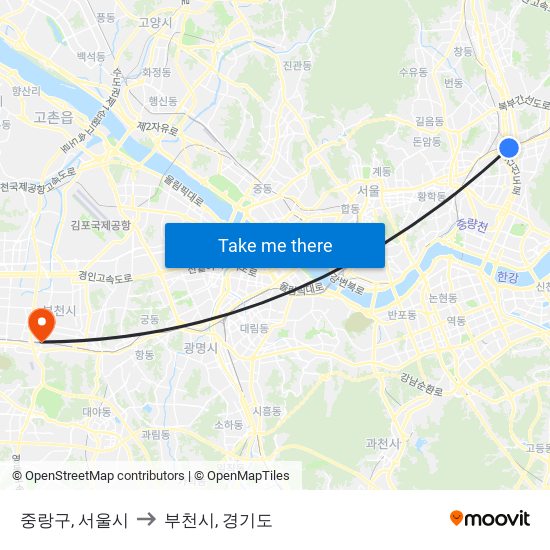 중랑구, 서울시 to 부천시, 경기도 map