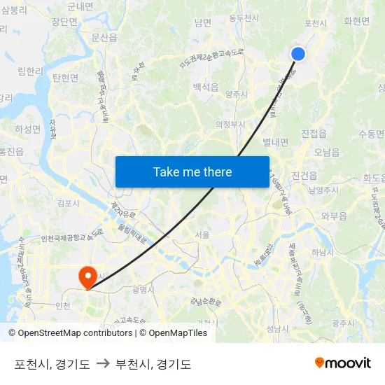 포천시, 경기도 to 부천시, 경기도 map
