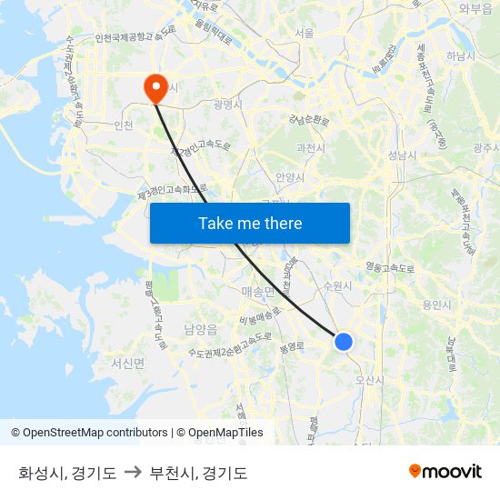 화성시, 경기도 to 부천시, 경기도 map