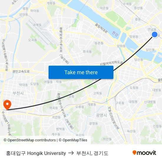 홍대입구 Hongik University to 부천시, 경기도 map
