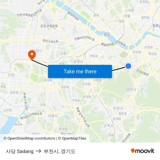 사당 Sadang to 부천시, 경기도 map