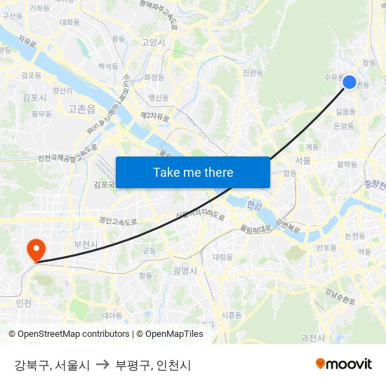 강북구, 서울시 to 부평구, 인천시 map