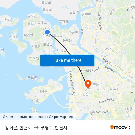 강화군, 인천시 to 부평구, 인천시 map