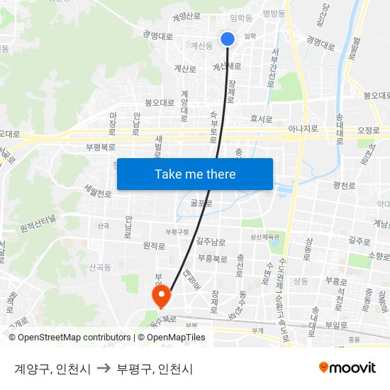 계양구, 인천시 to 부평구, 인천시 map