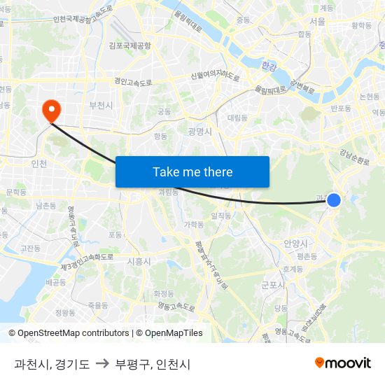 과천시, 경기도 to 부평구, 인천시 map