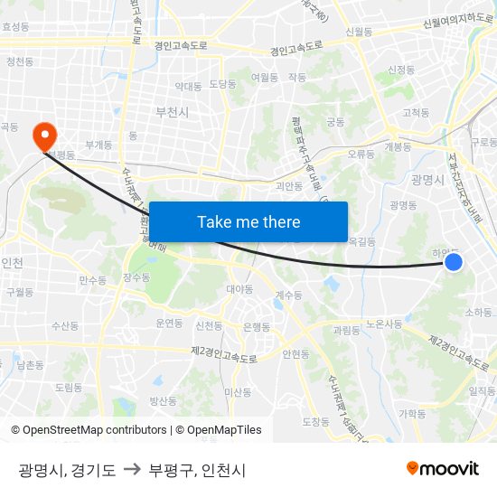 광명시, 경기도 to 부평구, 인천시 map