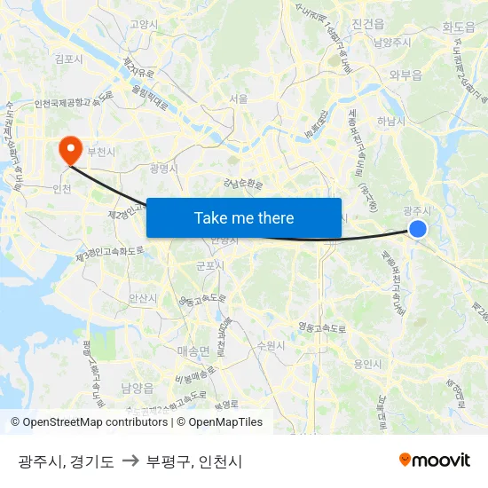 광주시, 경기도 to 부평구, 인천시 map