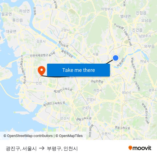 광진구, 서울시 to 부평구, 인천시 map