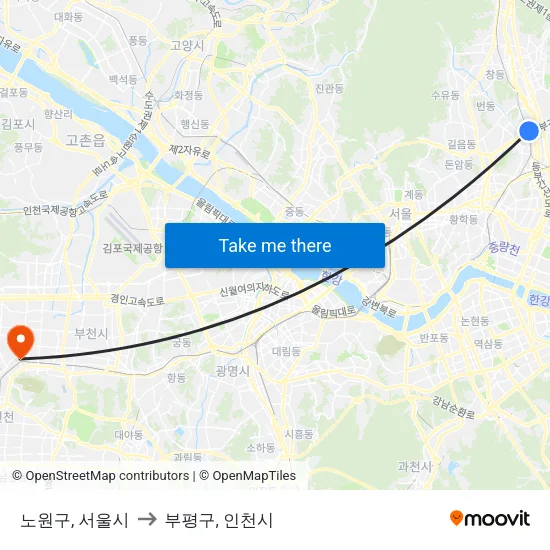 노원구, 서울시 to 부평구, 인천시 map