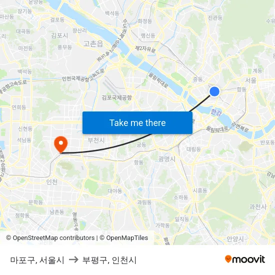 마포구, 서울시 to 부평구, 인천시 map
