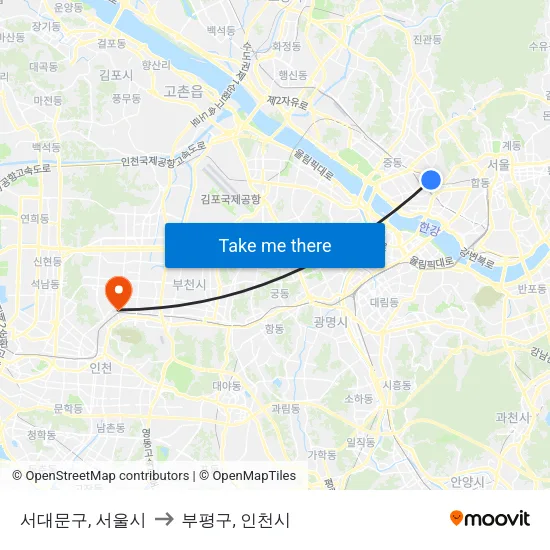 서대문구, 서울시 to 부평구, 인천시 map