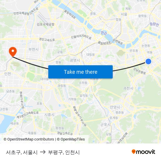 서초구, 서울시 to 부평구, 인천시 map