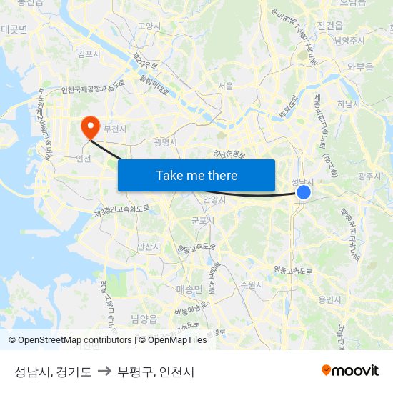 성남시, 경기도 to 부평구, 인천시 map