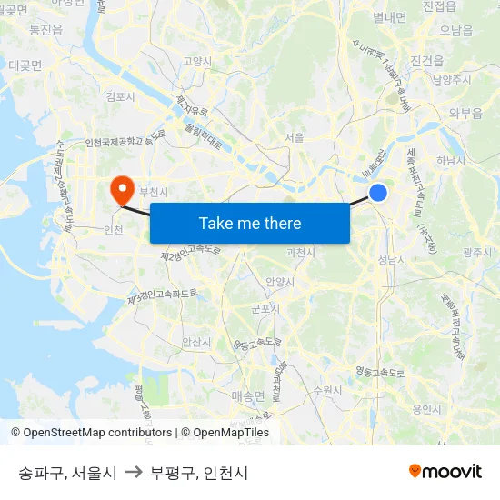송파구, 서울시 to 부평구, 인천시 map