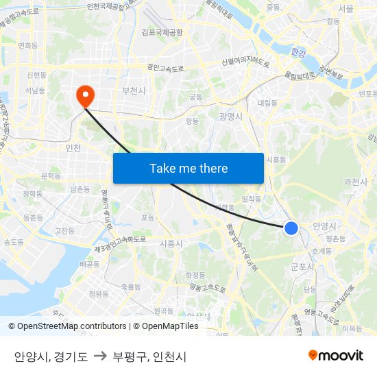 안양시, 경기도 to 부평구, 인천시 map