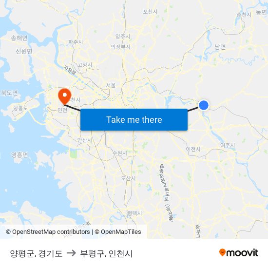 양평군, 경기도 to 부평구, 인천시 map