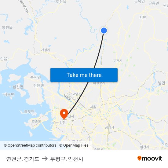 연천군, 경기도 to 부평구, 인천시 map